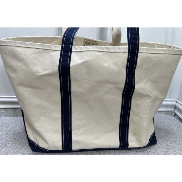 Vtg LL Bean Boat And Tote Canvas Tote Large Base Navy Blue Cream USA 23x13x7 - Picture 2 of 14